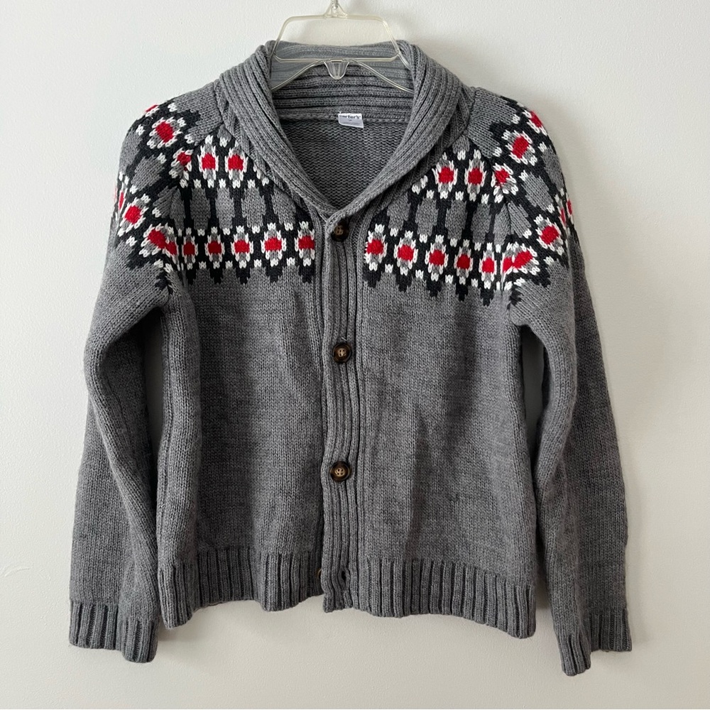 Boys Carter's Fair Isle Cardigan Sweater 7 Grey Shawl Collar Apres Ski